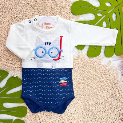 Kit 3 Peças - Bodys Manga Longa Gatinho com Peixinhos - Off White e Marinho